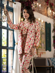 Printed Cotton Blend Top With Pants & Jacket