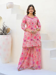 Neck Embroidery Georgette Kurta With Sharara And Dupatta