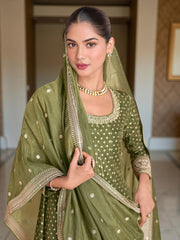 Banarsi Weave Tissue Kurta With Legging & Dupatta