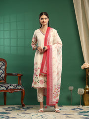 Embroidered Cotton Blend Kurta With Pant & Dupatta