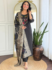 Printed Art Silk Kurta With Pants & Dupatta