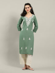 Neck Embroidered Cotton Blend Kurta With Pants