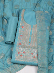 Embroidered Chanderi Sea Green Unstitched Suit With Pant & Dupatta