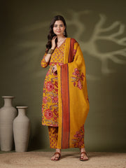 Printed Cotton Blend Kurta With Pant & Dupatta