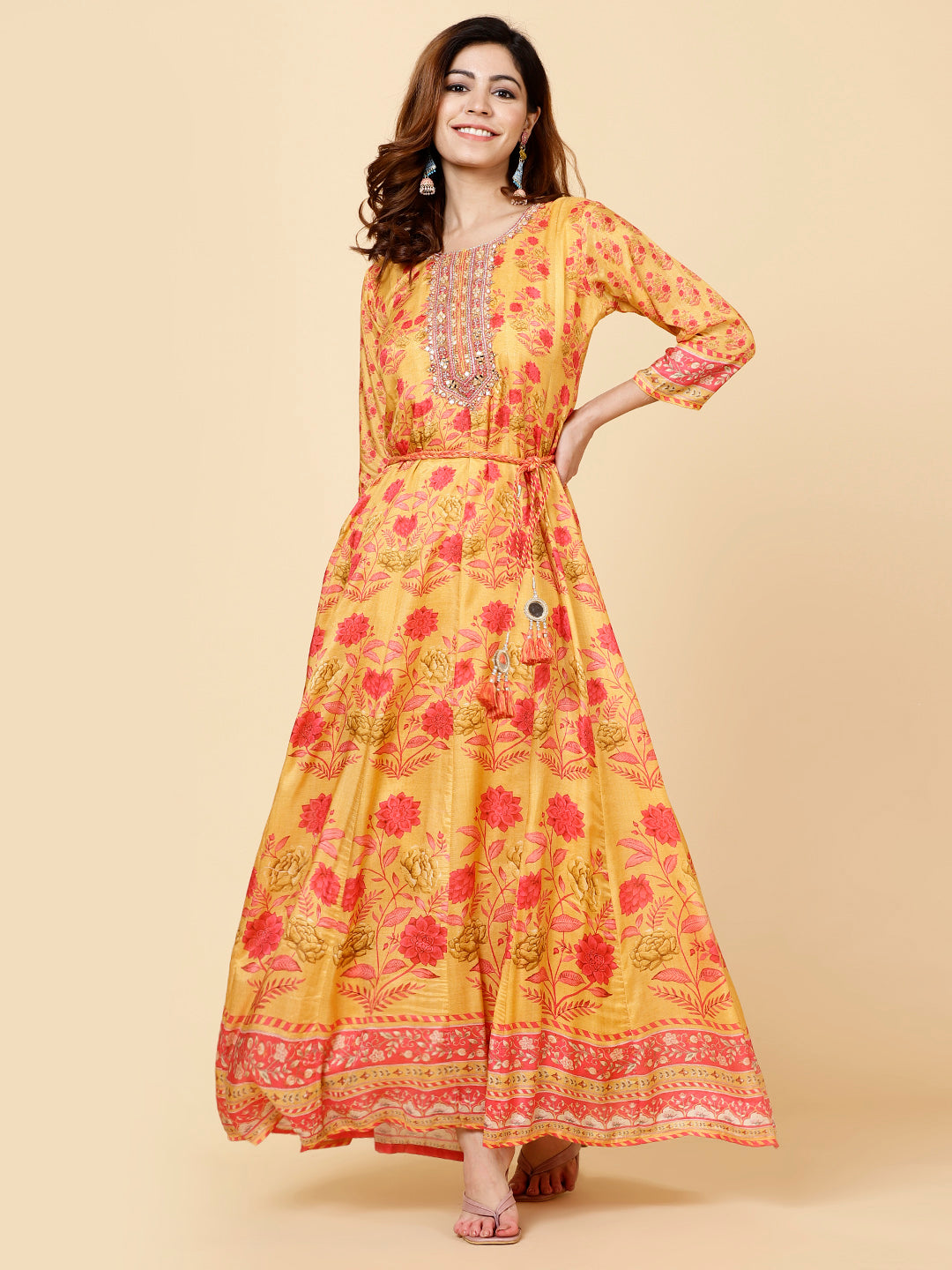 Floral Printed Flared Mustard Muslin Kurta