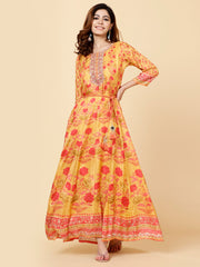 Floral Printed Flared Mustard Muslin Kurta