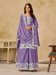 Embroidered Chinnon Semi Stitched Kurta With Plazzo & Dupatta