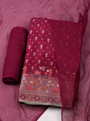 Woven Design Chanderi Wine Unstitched Suit With Pant & Dupatta