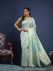 Floral Printed Tussar Unstitched Suit With Pant & Dupatta