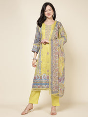 Printed Cotton Blend Kurta With Pants & Dupatta