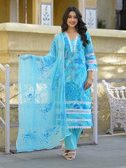 Printed Cotton Blend Kurta With Pants & Dupatta