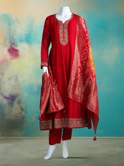 Embroidered Art Silk Kurta With Pant & Dupatta