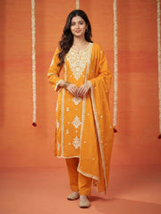 Embroidered Cotton Blend Kurta With Pant & Dupatta