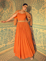 Embroidered Georgette A Line Dress With Dupatta