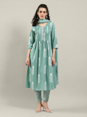 Printed Cotton Blend Kurta With Pants & Dupatta