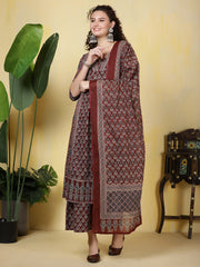 Printed Cotton Blend Kurta With Pants & Dupatta