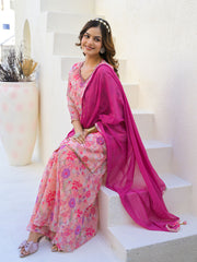 Neck Embroidery Georgette Kurta With Sharara And Dupatta