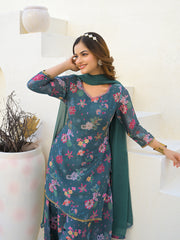 Neck Embroidered Georgette Kurta With Sharara And Dupatta