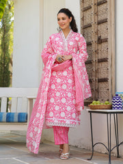 Floral Printed Cotton Blend Kurta With Pants & Dupatta