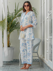 Printed & Lace Work Cotton Blend Shirt With Pant