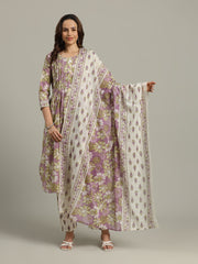 Floral Printed Cotton Blend Anarkali Kurta With Pants & Dupatta