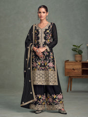 Embroidered Chinon Silk Kurta With Plazzo & Dupatta