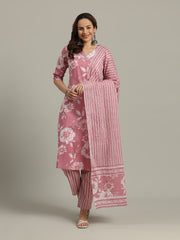 Floral Parinted Cotton Blend Kurta With Pants & Dupatta