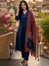 Embroidered Cotton Blend Kurta With Pant & Dupatta