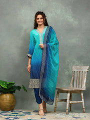 Bandhani Printed Crepe Kurta With Pants & Dupatta