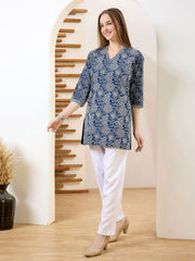 Neck Embroidered Denim Kurta