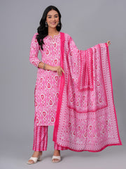 Printed Cotton Blend Kurta With Pant & Dupatta