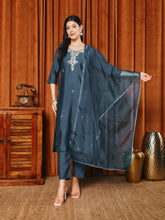 Embroidered Cotton Blend Kurta With Pants & Dupatta