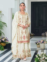 Embroidered Chinon Kurta With Plazzo & Dupatta