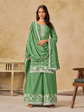 Embroidered Chinnon Semi Stitched Kurta With Plazzo & Dupatta