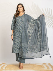 Embroidered Cotton Blend Kurta With Pant & Dupatta