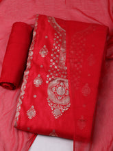 Woven Design Chanderi Red Unstitched Suit With Pant & Dupatta
