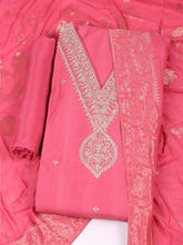 Embroidered Chanderi Pink Unstitched Suit With Pant & Dupatta