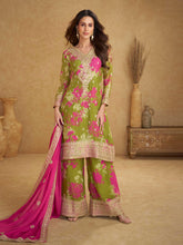 Embroidered Chinon Kurta With Plazzo & Dupatta