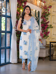 Floral Printed Cotton Blend Kurta With Pants & Dupatta