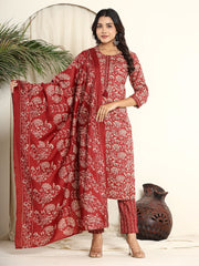 Printed Cotton Blend Kurta With Pants & Dupatta
