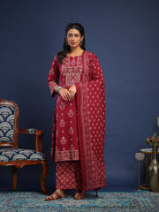 Printed Cotton Kurta With Pant & Dupatta