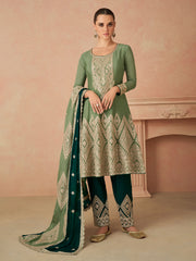 Embroidered Chinon Kurta With Pant & Dupatta