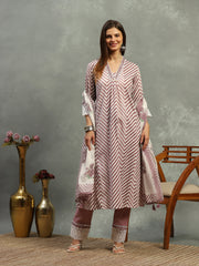 Printed Cotton Blend Kurta With Pants & Dupatta