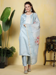Neck Embroidered Cotton Blend Kurta With Pants & Dupatta
