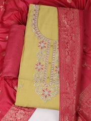 Embroidered Chanderi Mehndi Unstitched Suit With Pant & Dupatta