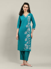 Embroidered Cotton Blend Kurta With Pants