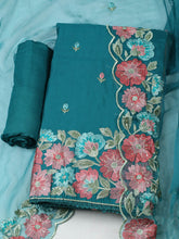 Embroidered Chanderi Rama Green Unstitched Suit With Pant & Dupatta