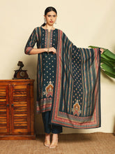 Printed Cotton Blend Peacock Blue Suit With Pant & Dupatta