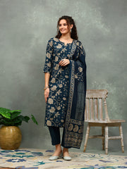 Printed Cotton Blend Kurta With Pants & Dupatta