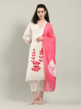 Neck Embroidered Cotton Blend Kurta With Pants & Dupatta